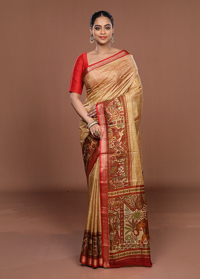 Cream Printed Pure Silk Saree Without Blouse Piece
