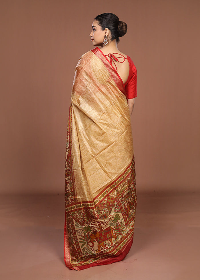 Cream Printed Pure Silk Saree Without Blouse Piece