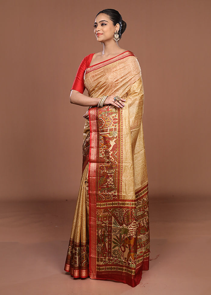 Cream Printed Pure Silk Saree Without Blouse Piece