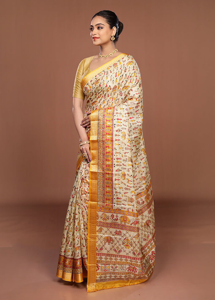 Cream Printed Pure Silk Saree Without Blouse Piece