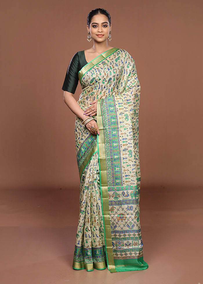 Cream Printed Pure Silk Saree Without Blouse Piece
