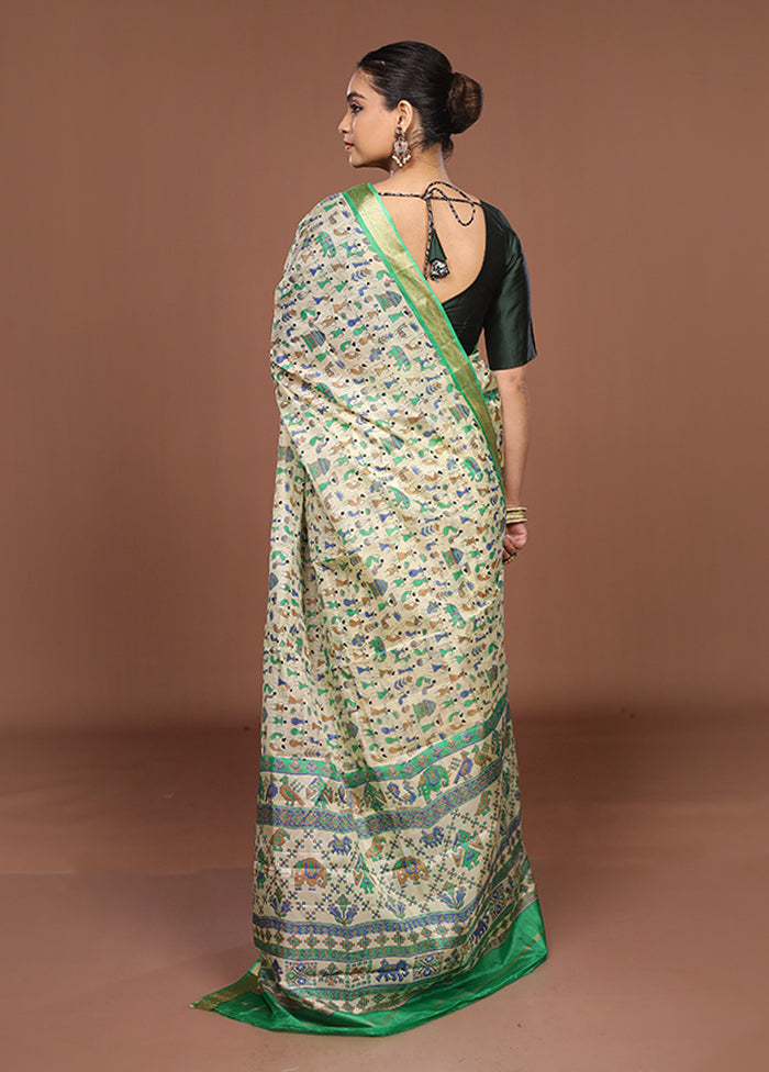 Cream Printed Pure Silk Saree Without Blouse Piece