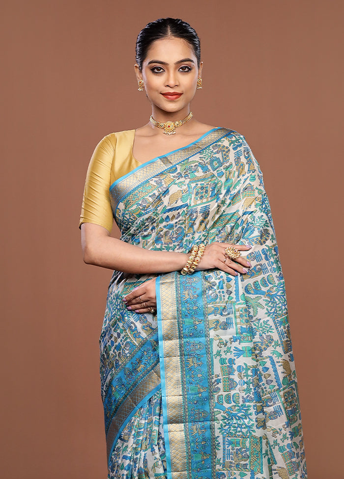 Cream Printed Pure Silk Saree Without Blouse Piece