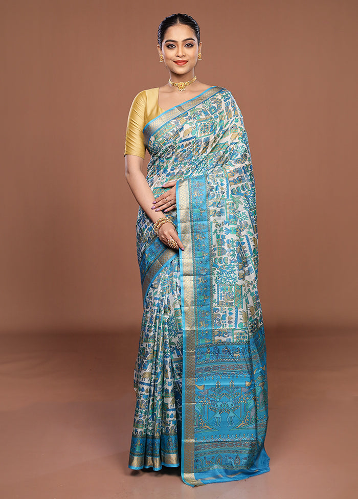Cream Printed Pure Silk Saree Without Blouse Piece