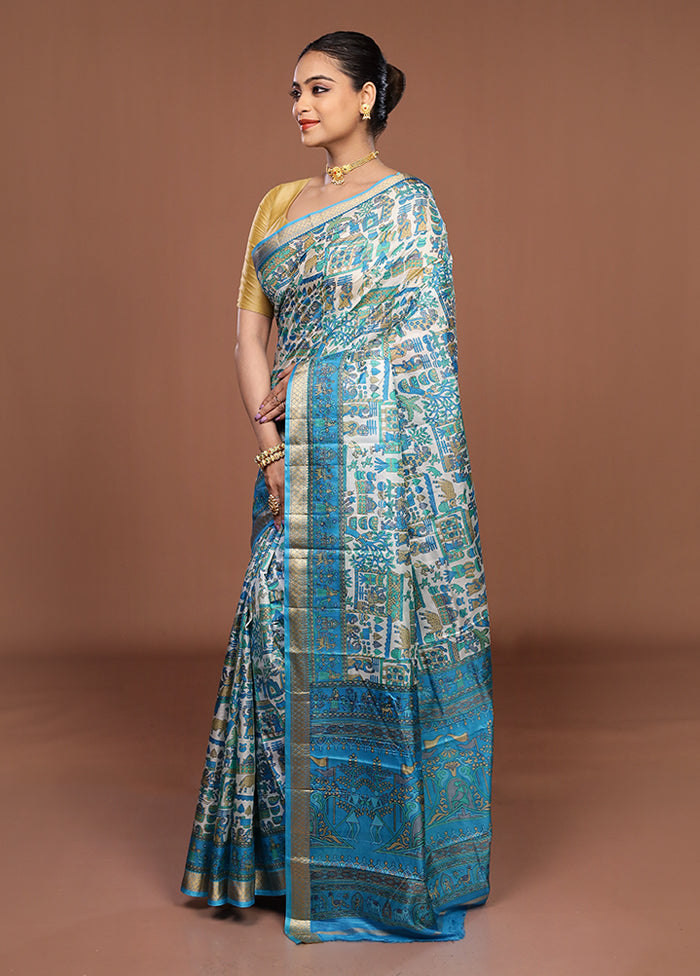 Cream Printed Pure Silk Saree Without Blouse Piece