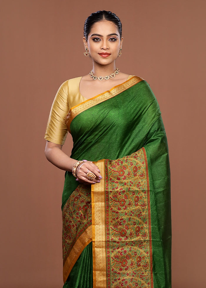 Green Printed Pure Silk Saree Without Blouse Piece