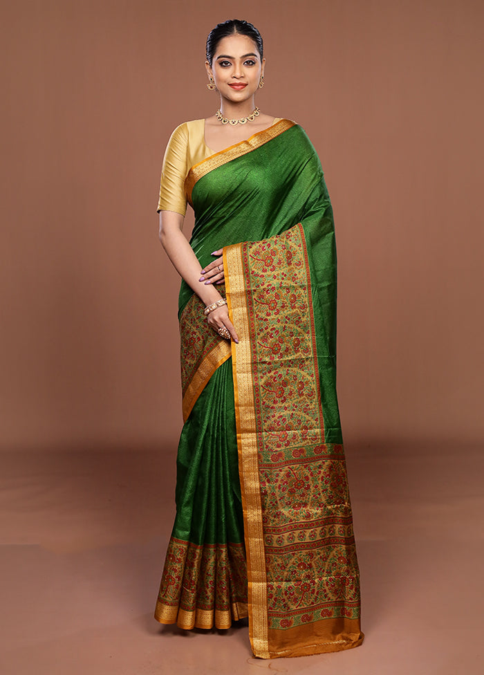 Green Printed Pure Silk Saree Without Blouse Piece