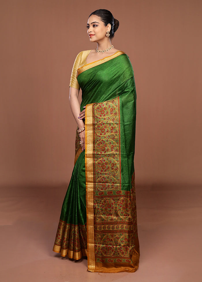 Green Printed Pure Silk Saree Without Blouse Piece