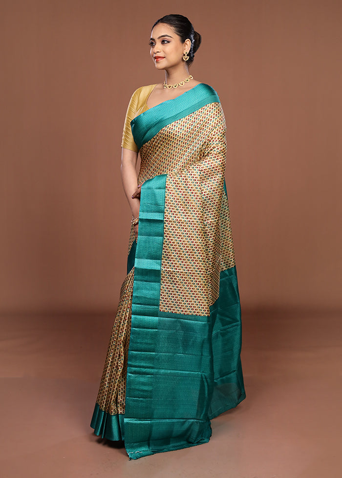 Cream Printed Pure Silk Saree Without Blouse Piece