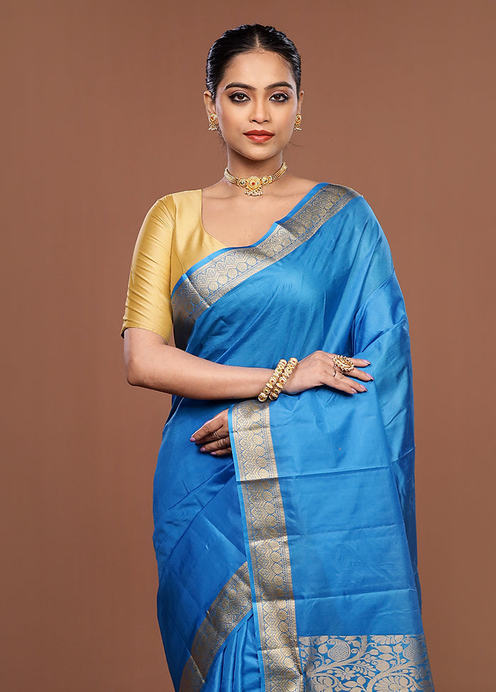 Blue Printed Pure Silk Saree Without Blouse Piece