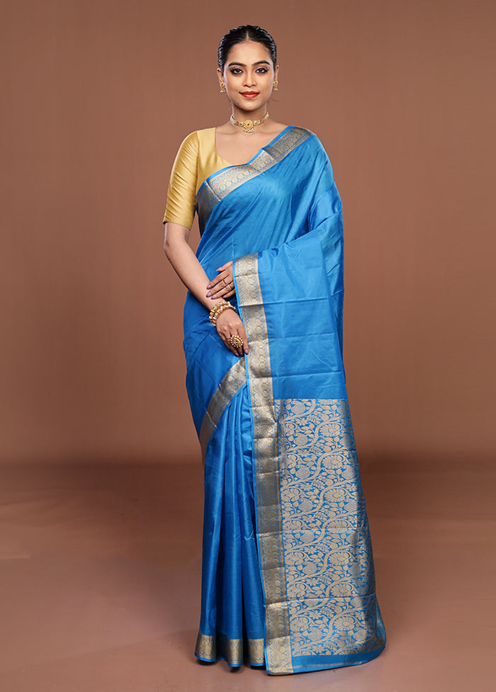 Blue Printed Pure Silk Saree Without Blouse Piece