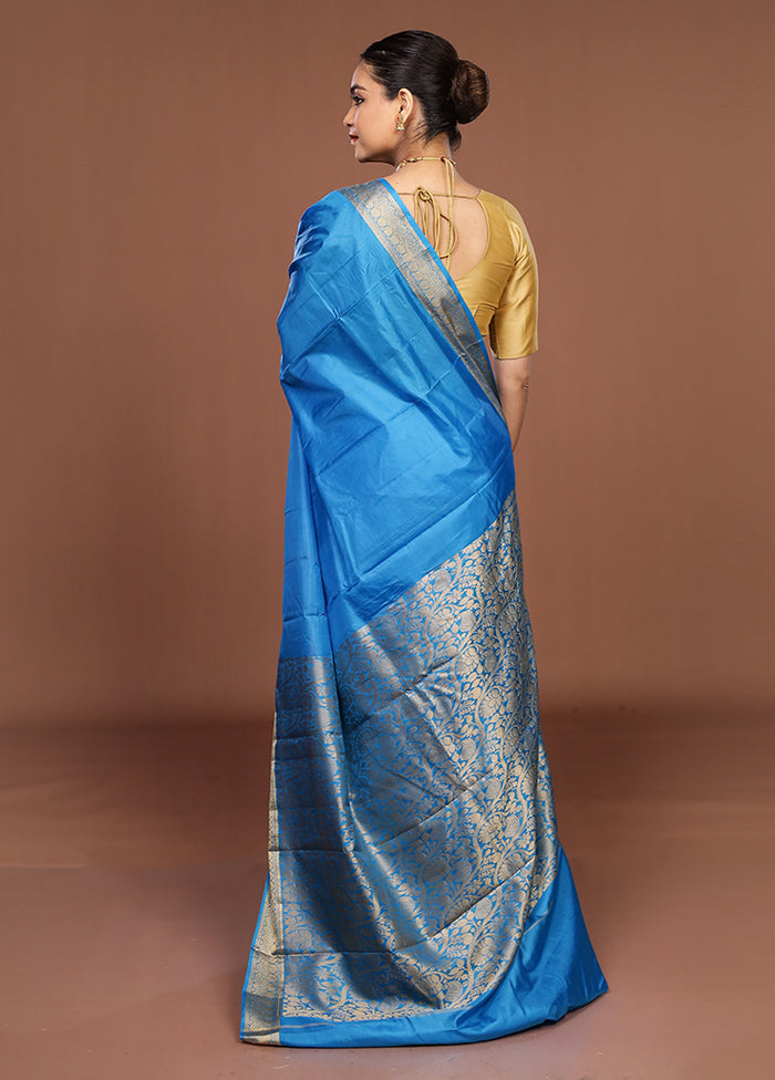 Blue Printed Pure Silk Saree Without Blouse Piece