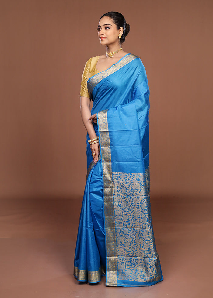 Blue Printed Pure Silk Saree Without Blouse Piece