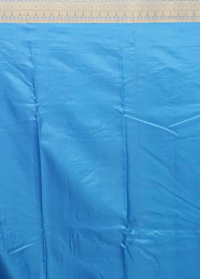 Blue Printed Pure Silk Saree Without Blouse Piece