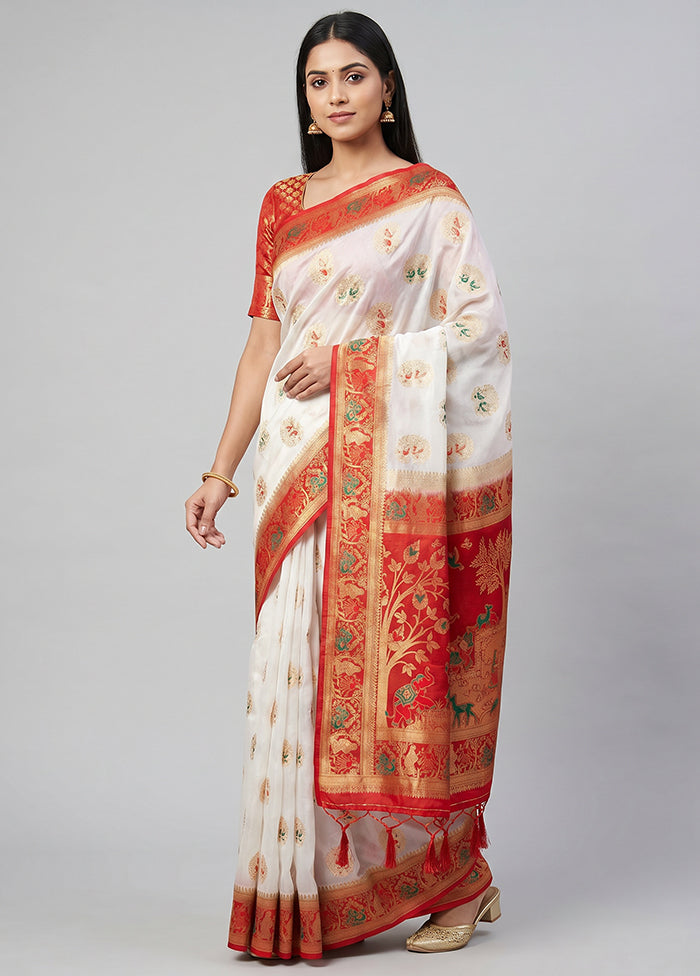 White Dupion Silk Saree With Blouse Piece
