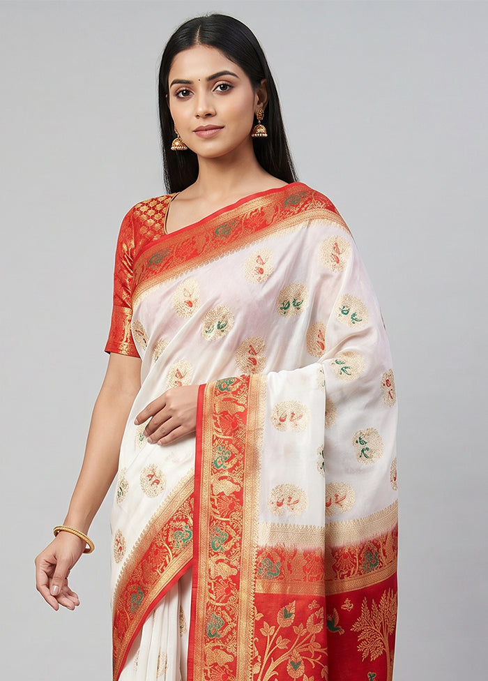 White Dupion Silk Saree With Blouse Piece