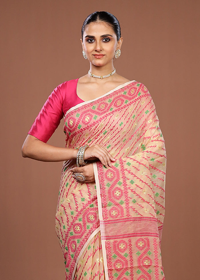Cream Jamdani Cotton Saree Without Blouse Piece