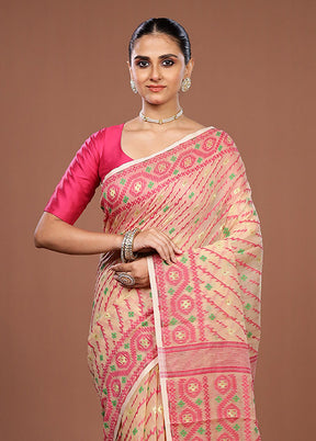 Cream Jamdani Cotton Saree Without Blouse Piece