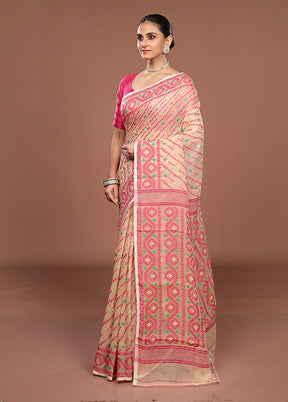 Cream Jamdani Cotton Saree Without Blouse Piece