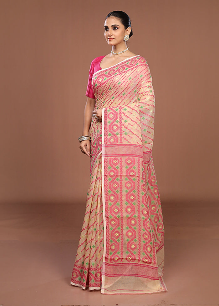 Cream Jamdani Cotton Saree Without Blouse Piece