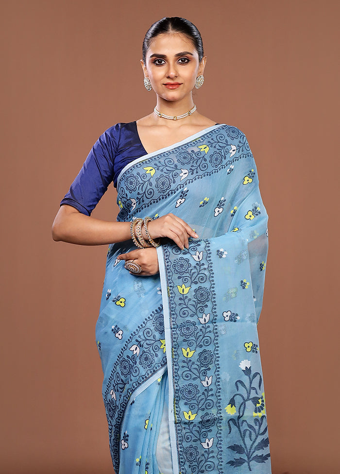 Blue Jamdani Cotton Saree Without Blouse Piece