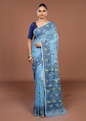 Blue Jamdani Cotton Saree Without Blouse Piece