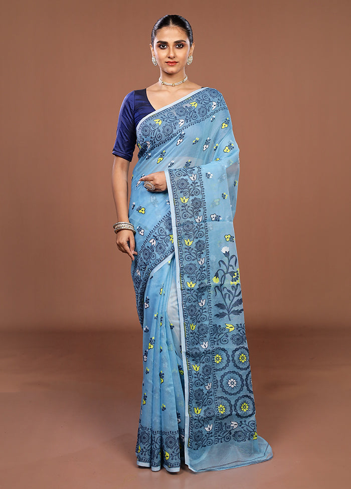 Blue Jamdani Cotton Saree Without Blouse Piece