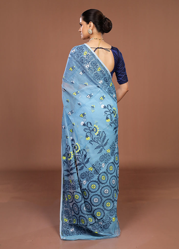 Blue Jamdani Cotton Saree Without Blouse Piece