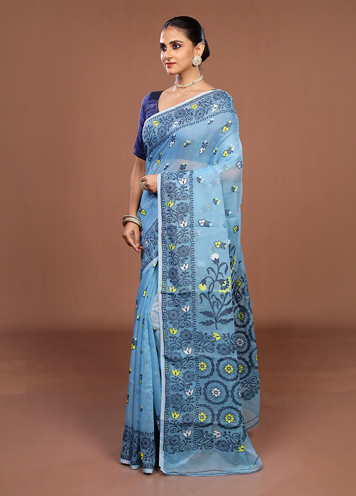 Blue Jamdani Cotton Saree Without Blouse Piece