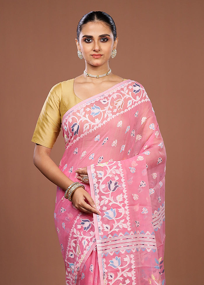 Pink Jamdani Cotton Saree Without Blouse Piece