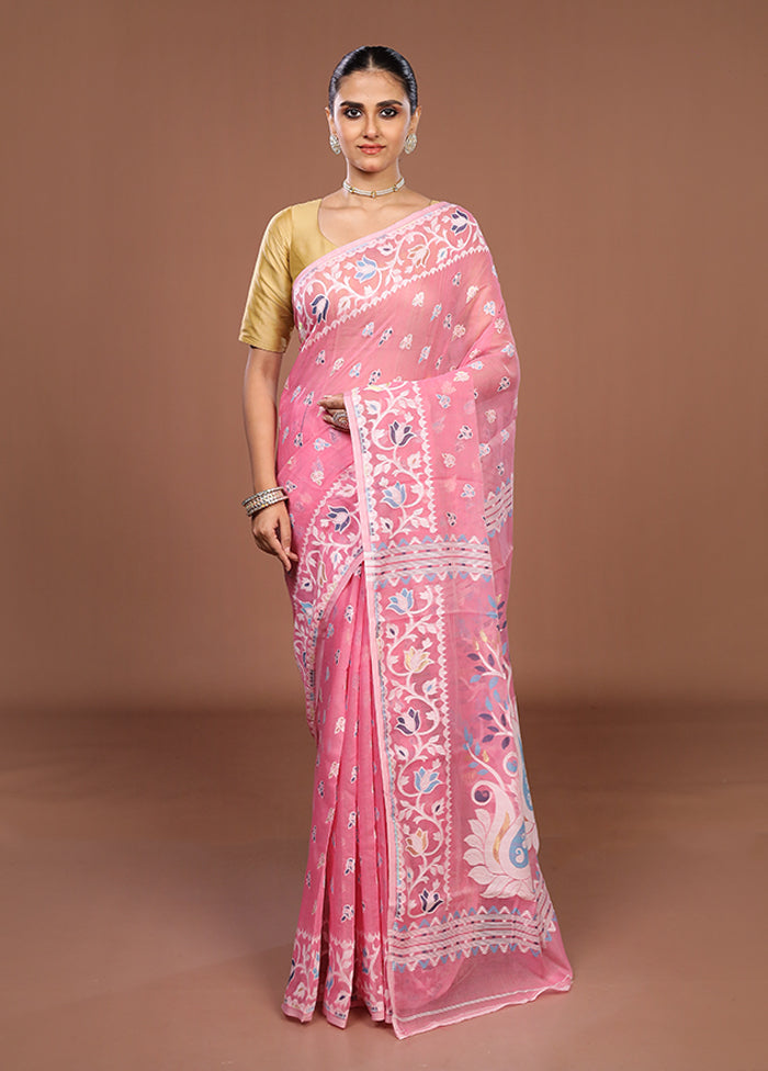 Pink Jamdani Cotton Saree Without Blouse Piece