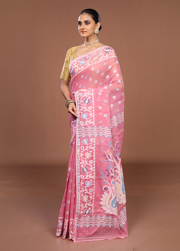 Pink Jamdani Cotton Saree Without Blouse Piece