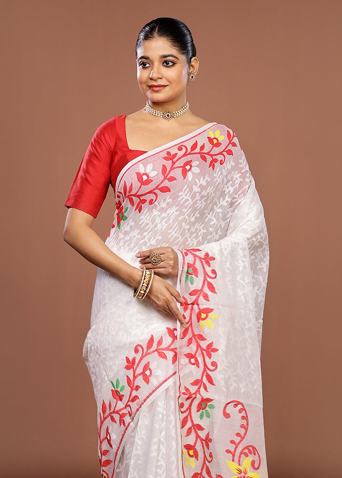 White Jamdani Cotton Saree Without Blouse Piece