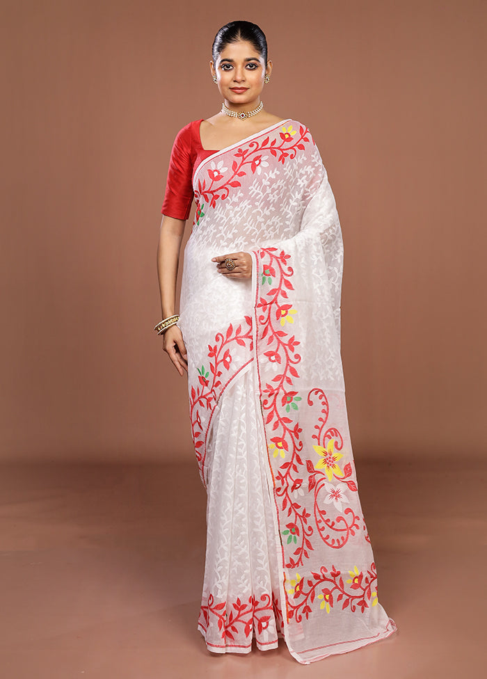 White Jamdani Cotton Saree Without Blouse Piece