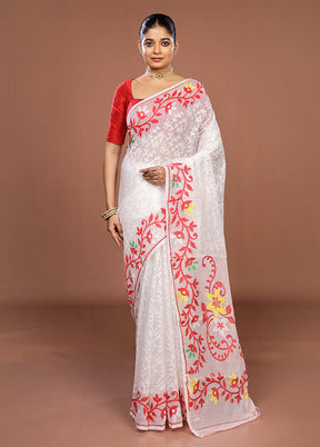 White Jamdani Cotton Saree Without Blouse Piece
