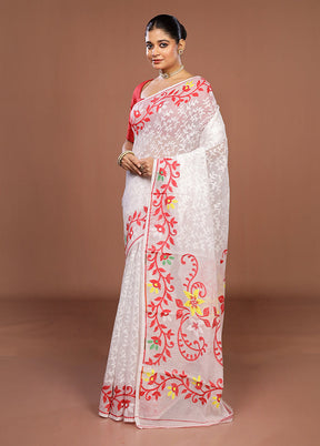 White Jamdani Cotton Saree Without Blouse Piece
