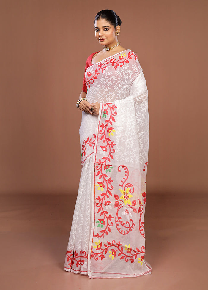 White Jamdani Cotton Saree Without Blouse Piece