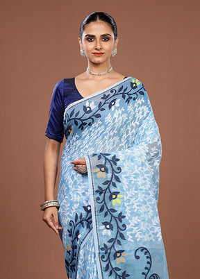 Blue Jamdani Cotton Saree Without Blouse Piece