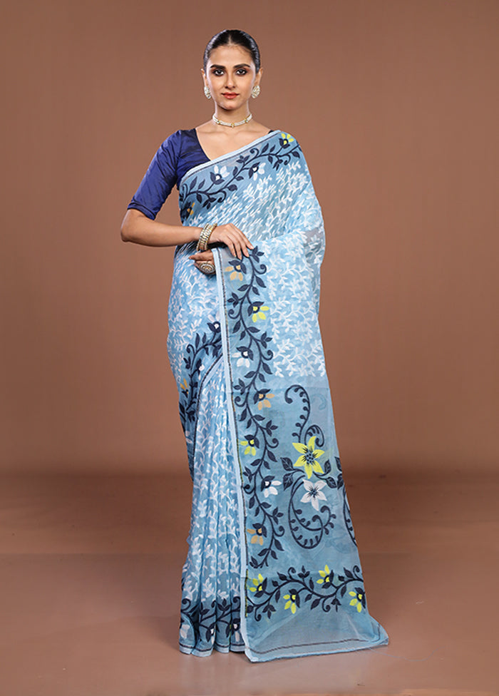 Blue Jamdani Cotton Saree Without Blouse Piece