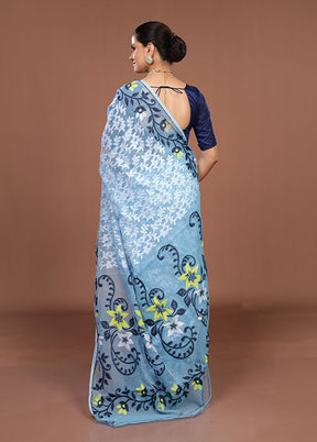 Blue Jamdani Cotton Saree Without Blouse Piece