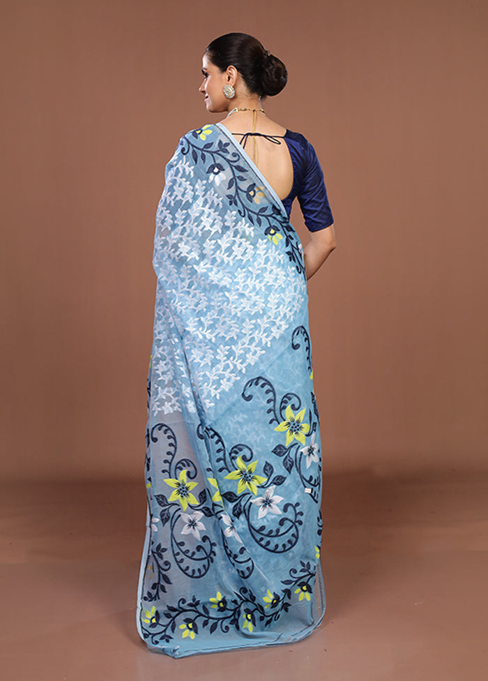 Blue Jamdani Cotton Saree Without Blouse Piece