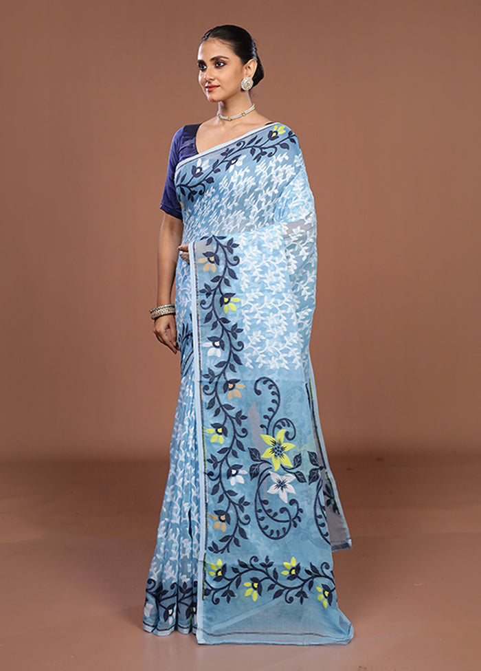 Blue Jamdani Cotton Saree Without Blouse Piece
