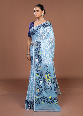 Blue Jamdani Cotton Saree Without Blouse Piece