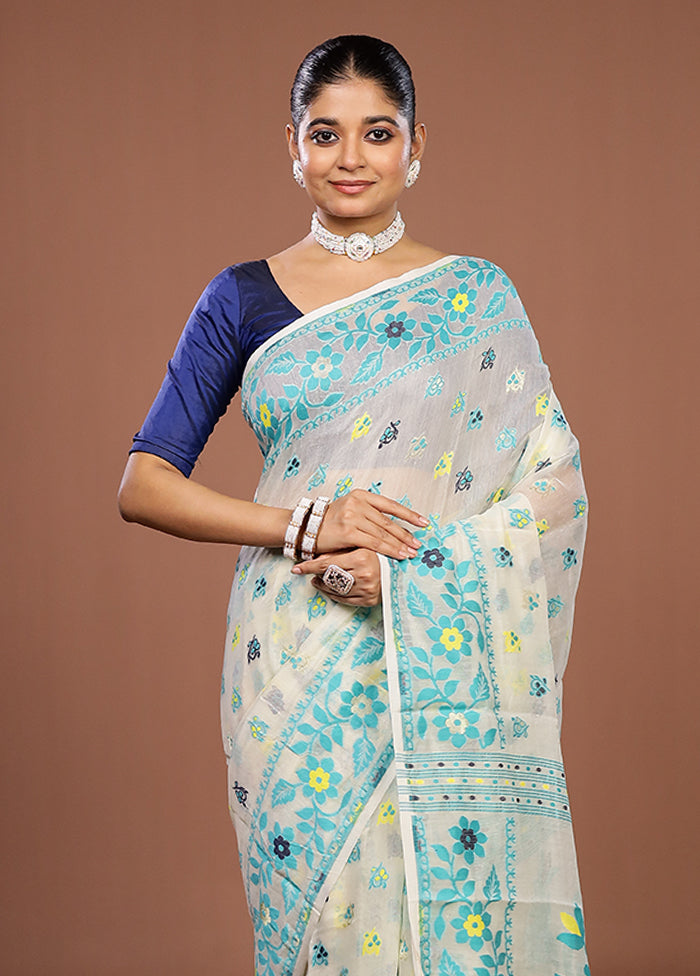 Cream Jamdani Cotton Saree Without Blouse Piece