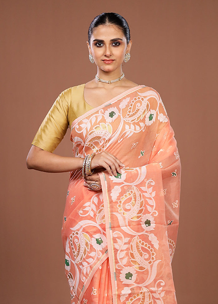 Peach Jamdani Cotton Saree Without Blouse Piece