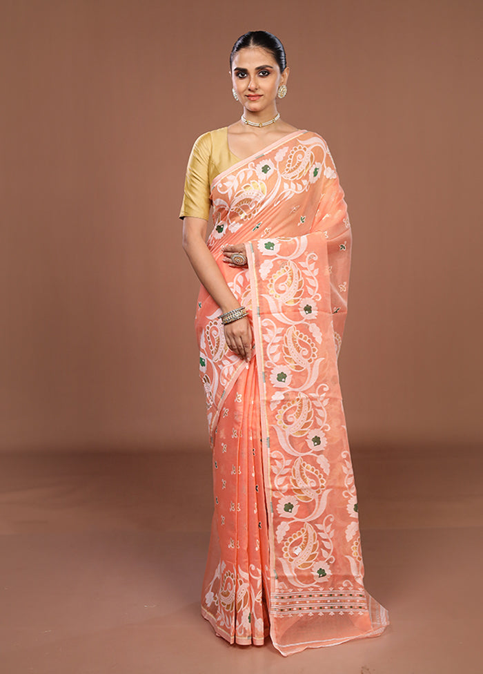 Peach Jamdani Cotton Saree Without Blouse Piece