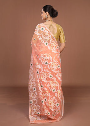 Peach Jamdani Cotton Saree Without Blouse Piece