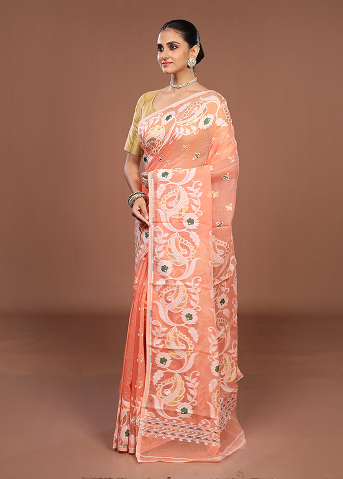 Peach Jamdani Cotton Saree Without Blouse Piece
