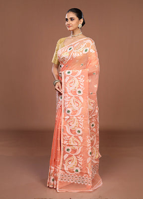 Peach Jamdani Cotton Saree Without Blouse Piece