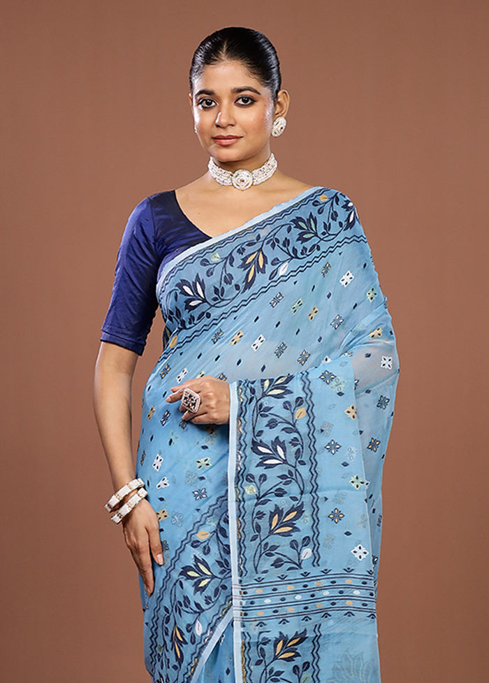 Blue Jamdani Cotton Saree Without Blouse Piece